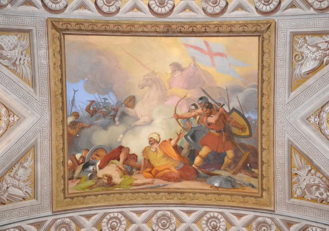 San Giacomo Maggiore appare durante la battaglia di Clavio - Chiesa di San Giacomo di Corte, Santa Margherita Ligure, Genova